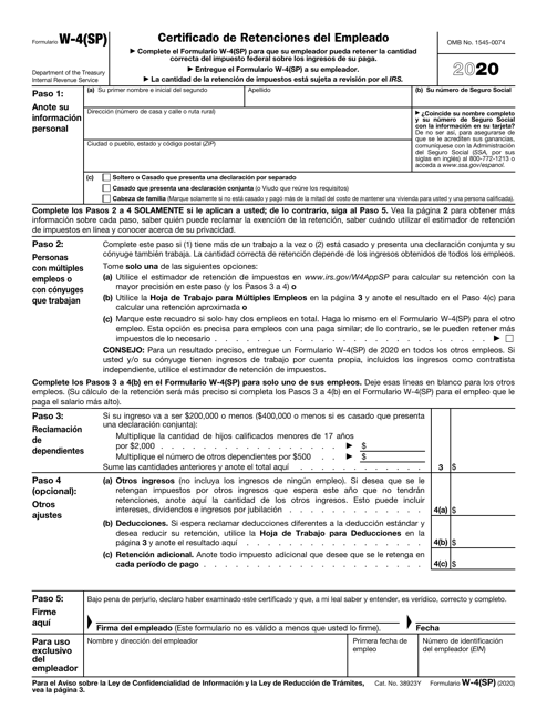 IRS Formulario W-4(SP) 2020 Printable Pdf