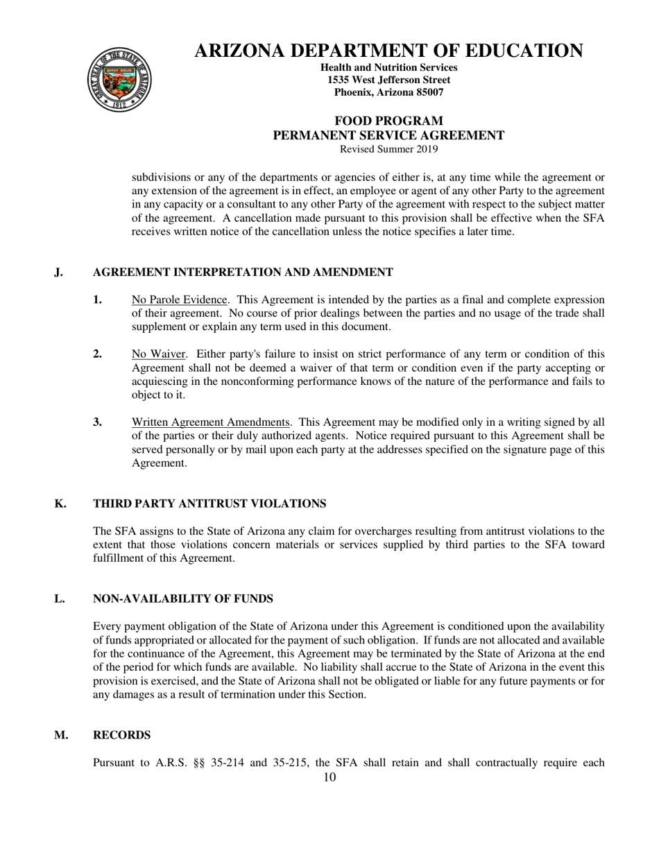 Food Program Permanent Service Agreement - Arizona, Page 10