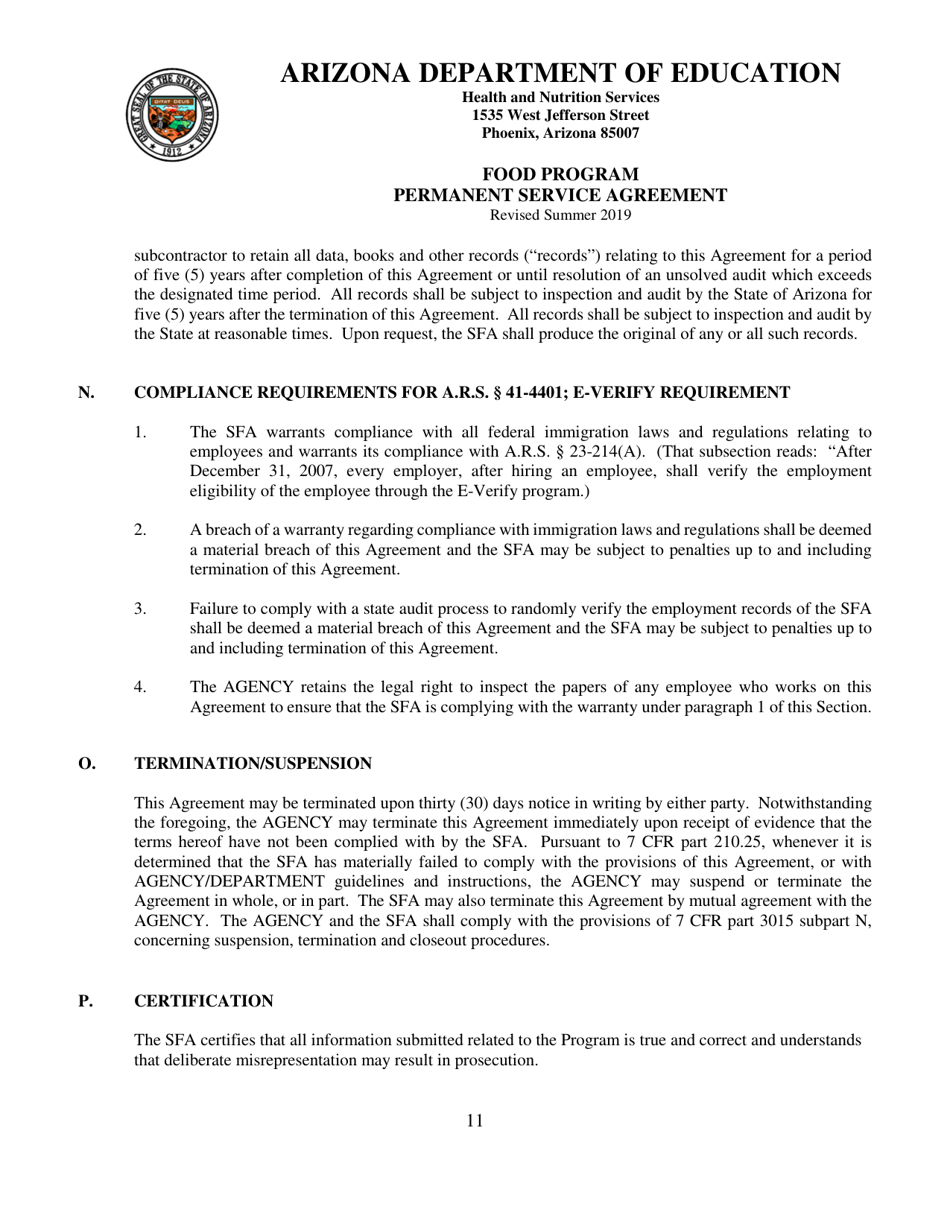 Food Program Permanent Service Agreement - Arizona, Page 11