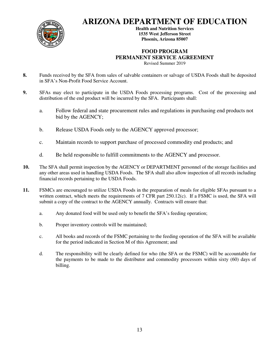 Food Program Permanent Service Agreement - Arizona, Page 13
