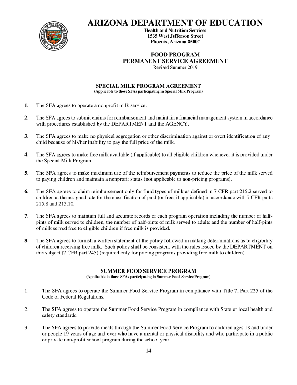 Food Program Permanent Service Agreement - Arizona, Page 14