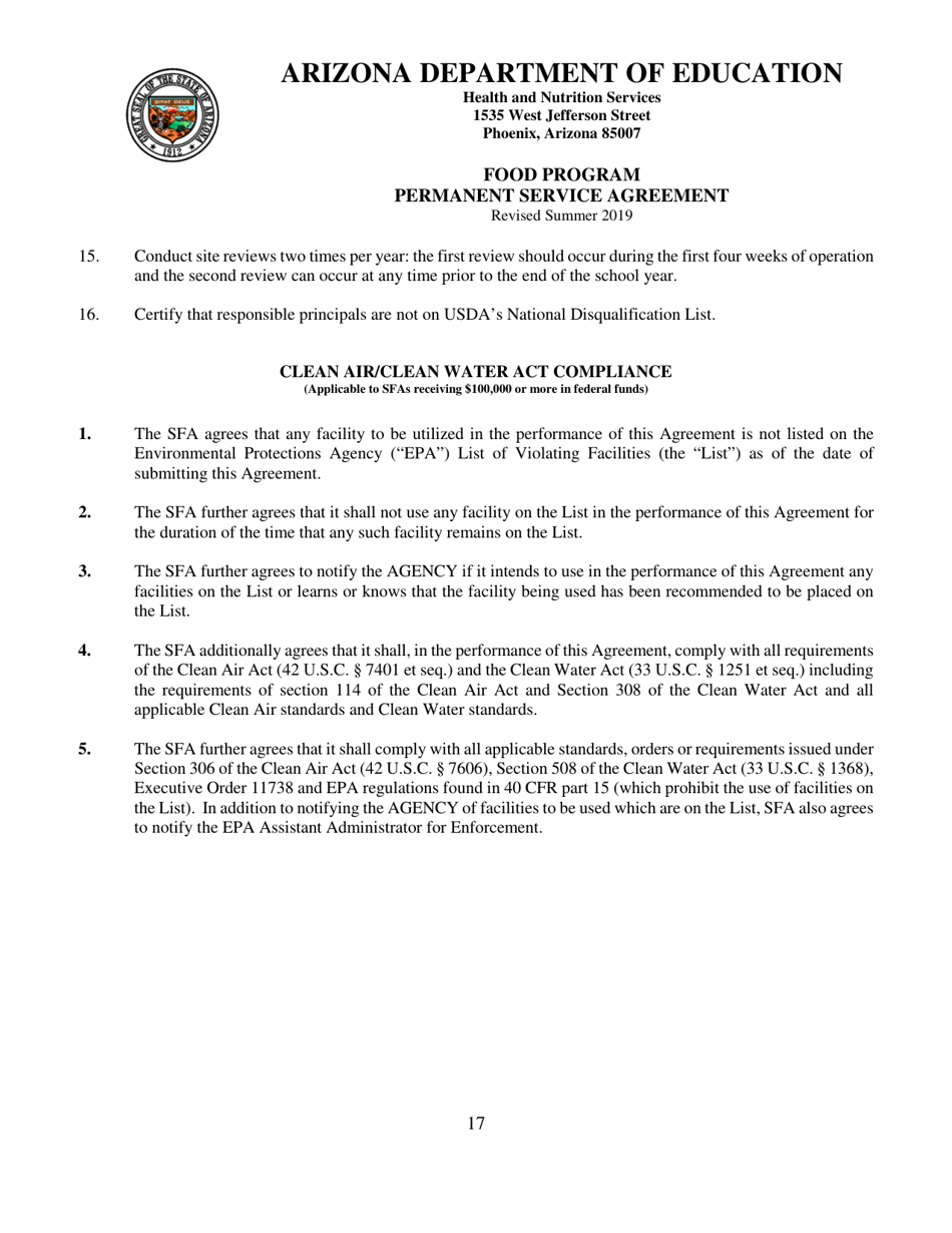 Food Program Permanent Service Agreement - Arizona, Page 17