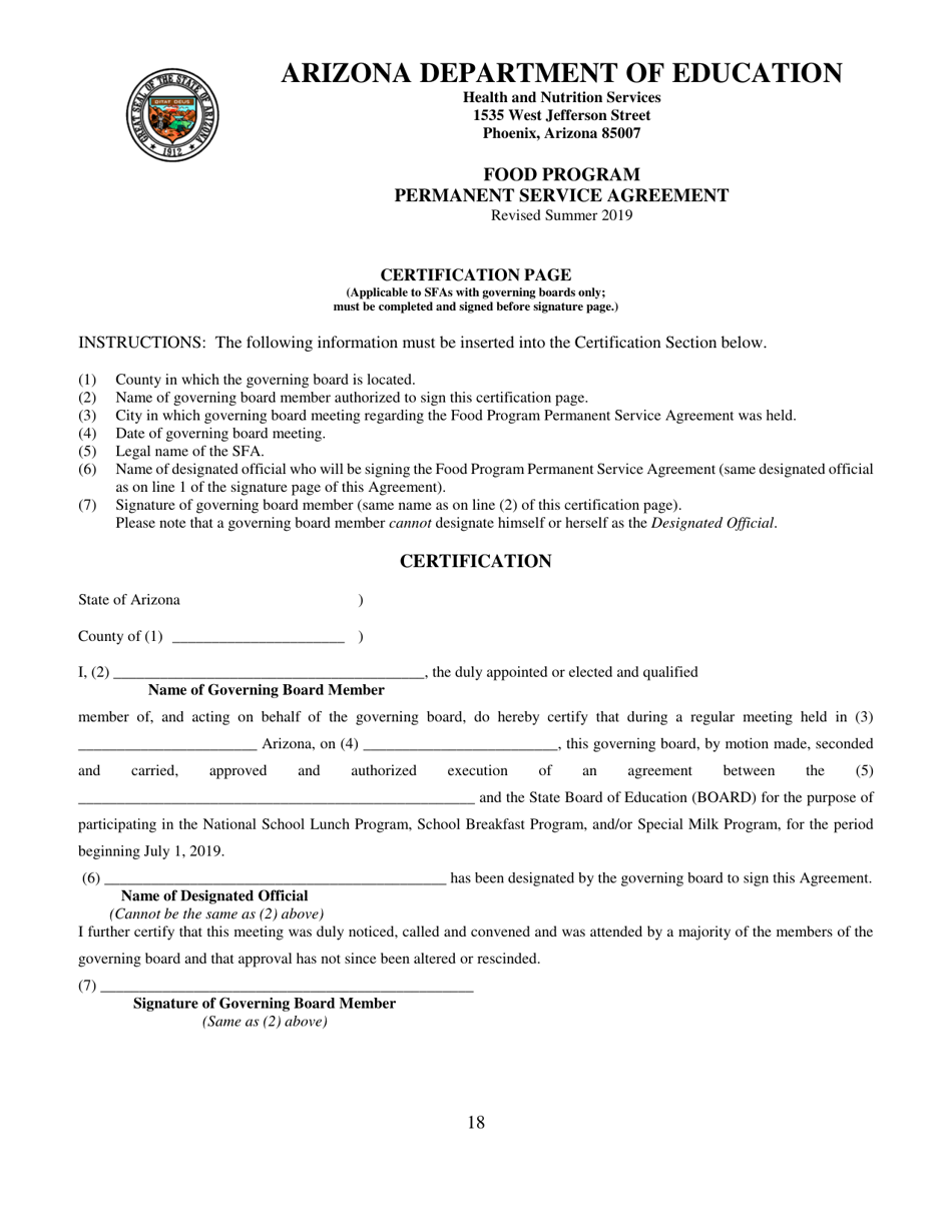 Food Program Permanent Service Agreement - Arizona, Page 18