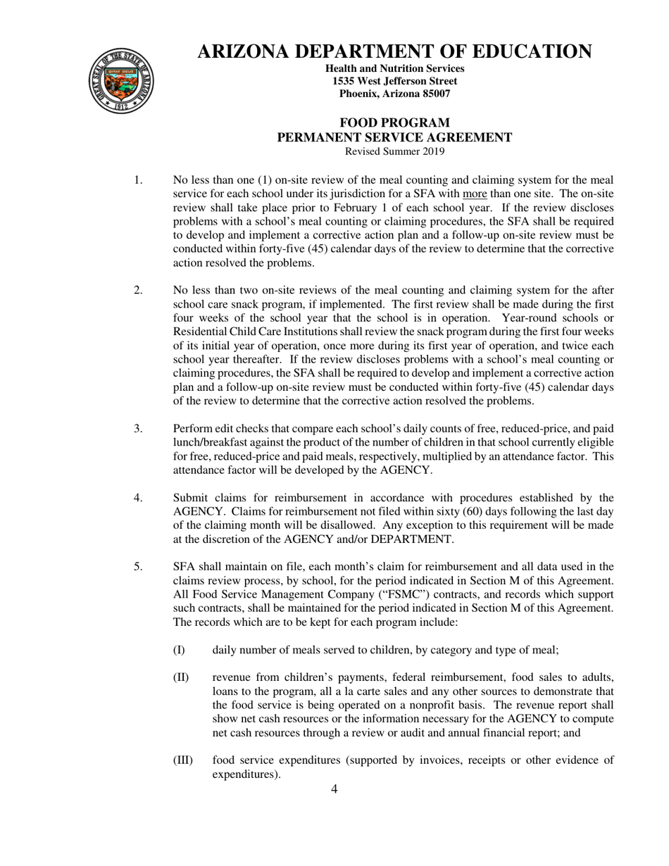 Food Program Permanent Service Agreement - Arizona, Page 4