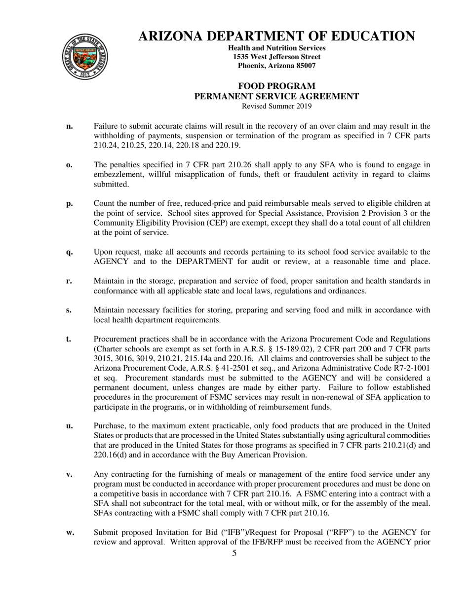 Food Program Permanent Service Agreement - Arizona, Page 5