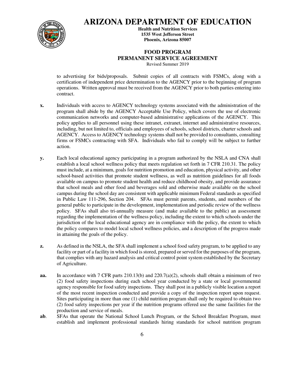 Food Program Permanent Service Agreement - Arizona, Page 6