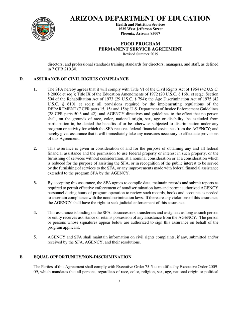 Food Program Permanent Service Agreement - Arizona, Page 7