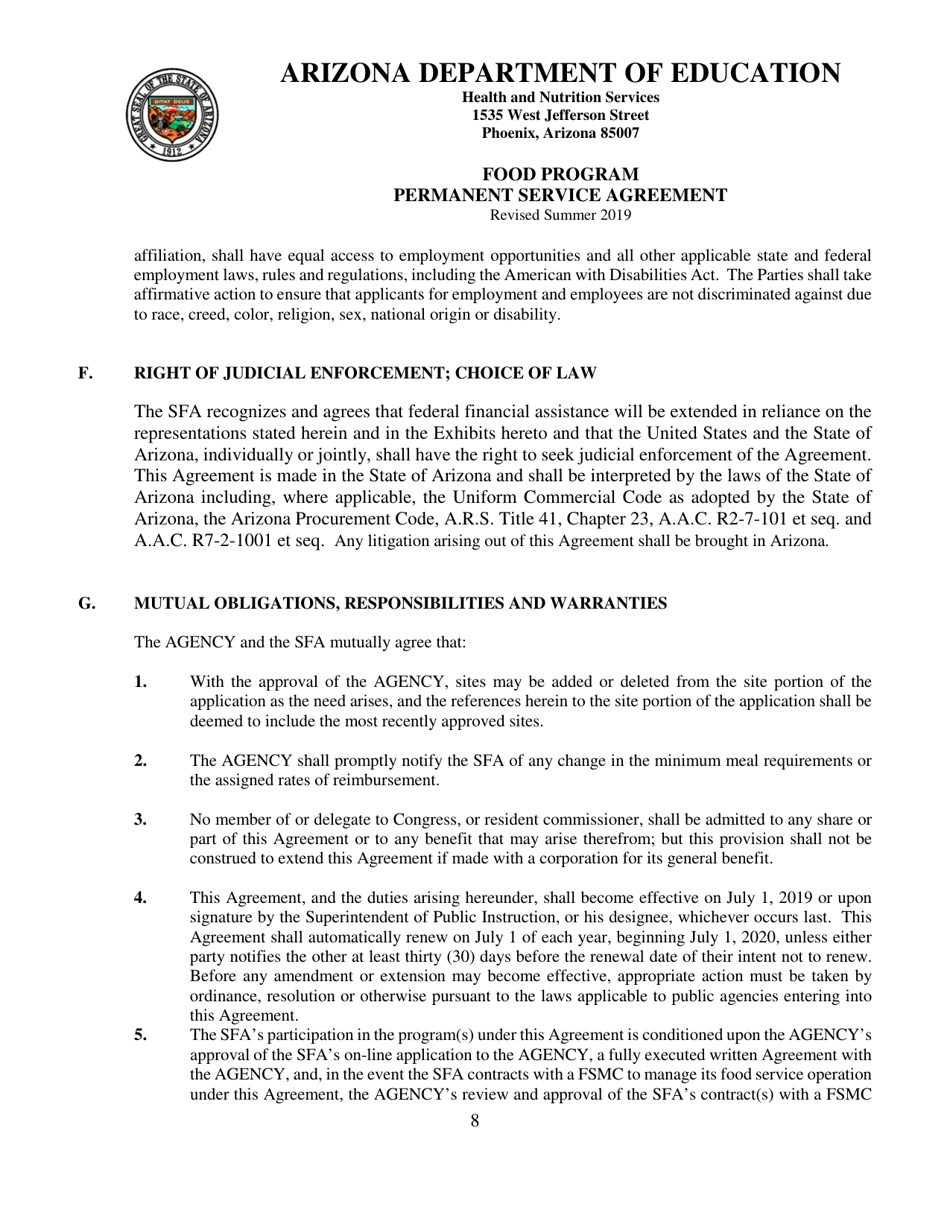 Food Program Permanent Service Agreement - Arizona, Page 8