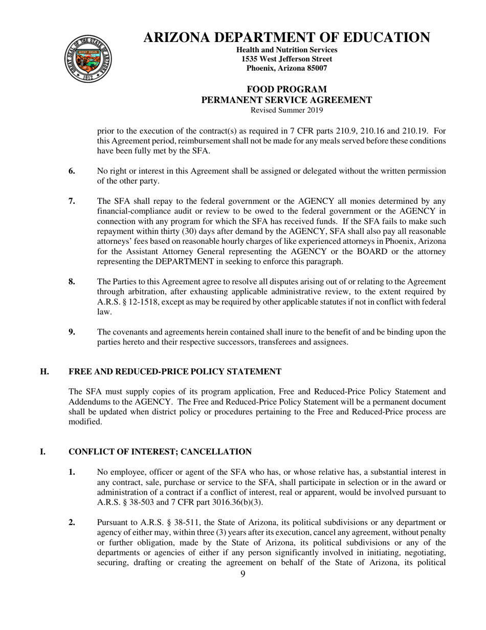 Food Program Permanent Service Agreement - Arizona, Page 9