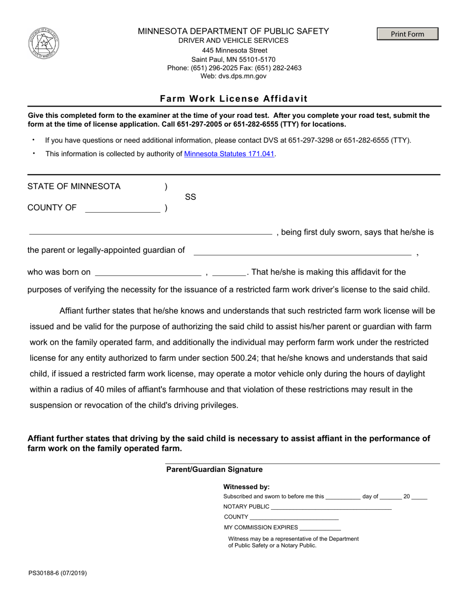 Form PS30188 Farm Work License Affidavit - Minnesota, Page 1