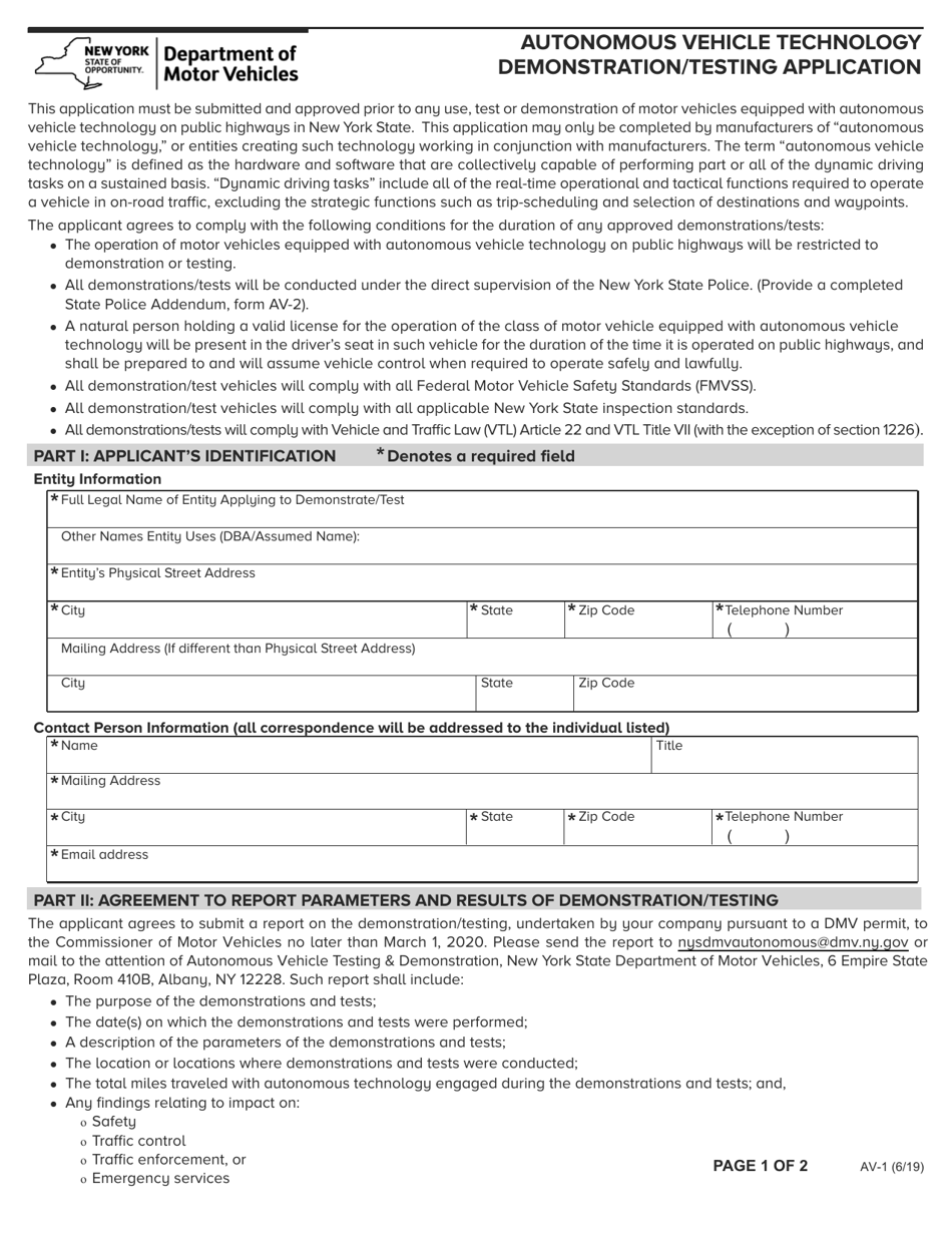 Form AV-1 Download Fillable PDF or Fill Online Autonomous Vehicle ...