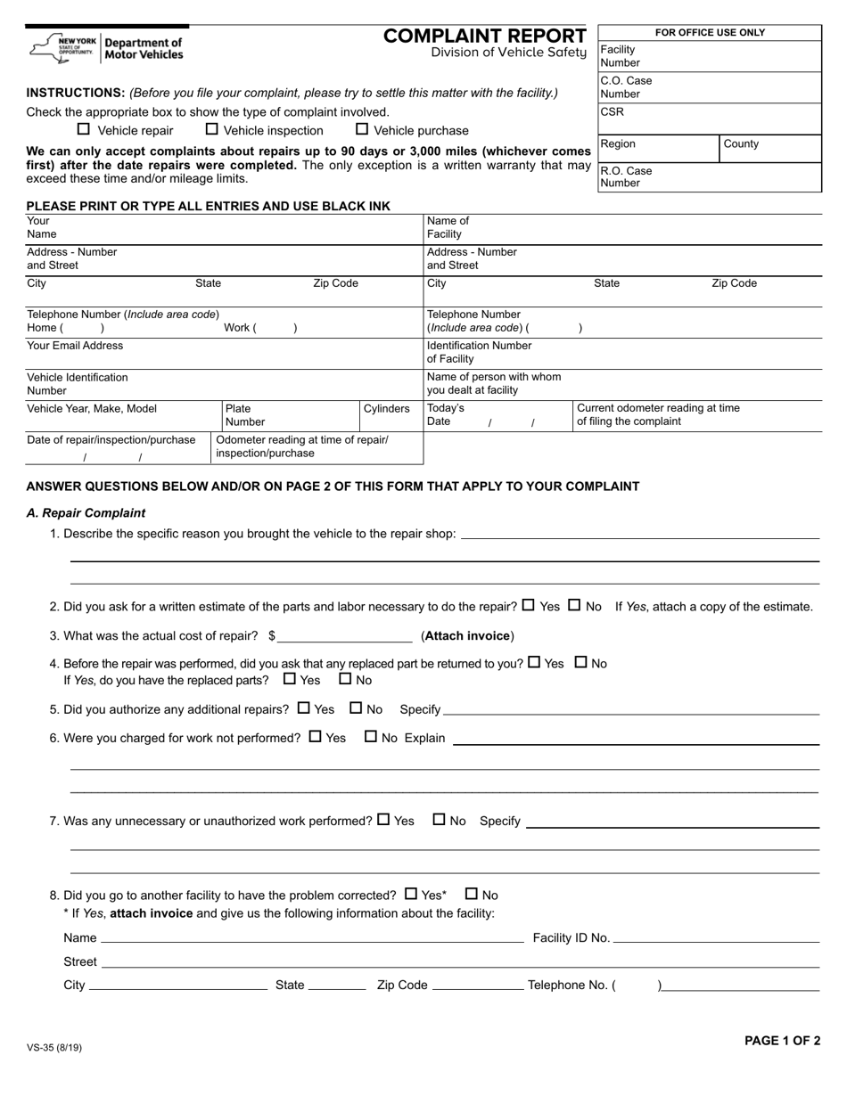 Form VS-35 Download Fillable PDF or Fill Online Complaint Report, New ...