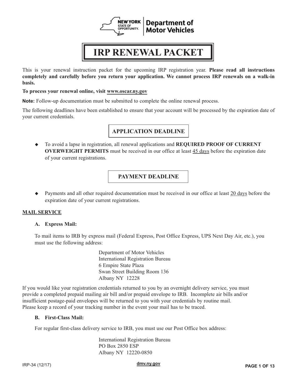 Form IRP-34 Irp Renewal Packet - New York, Page 1