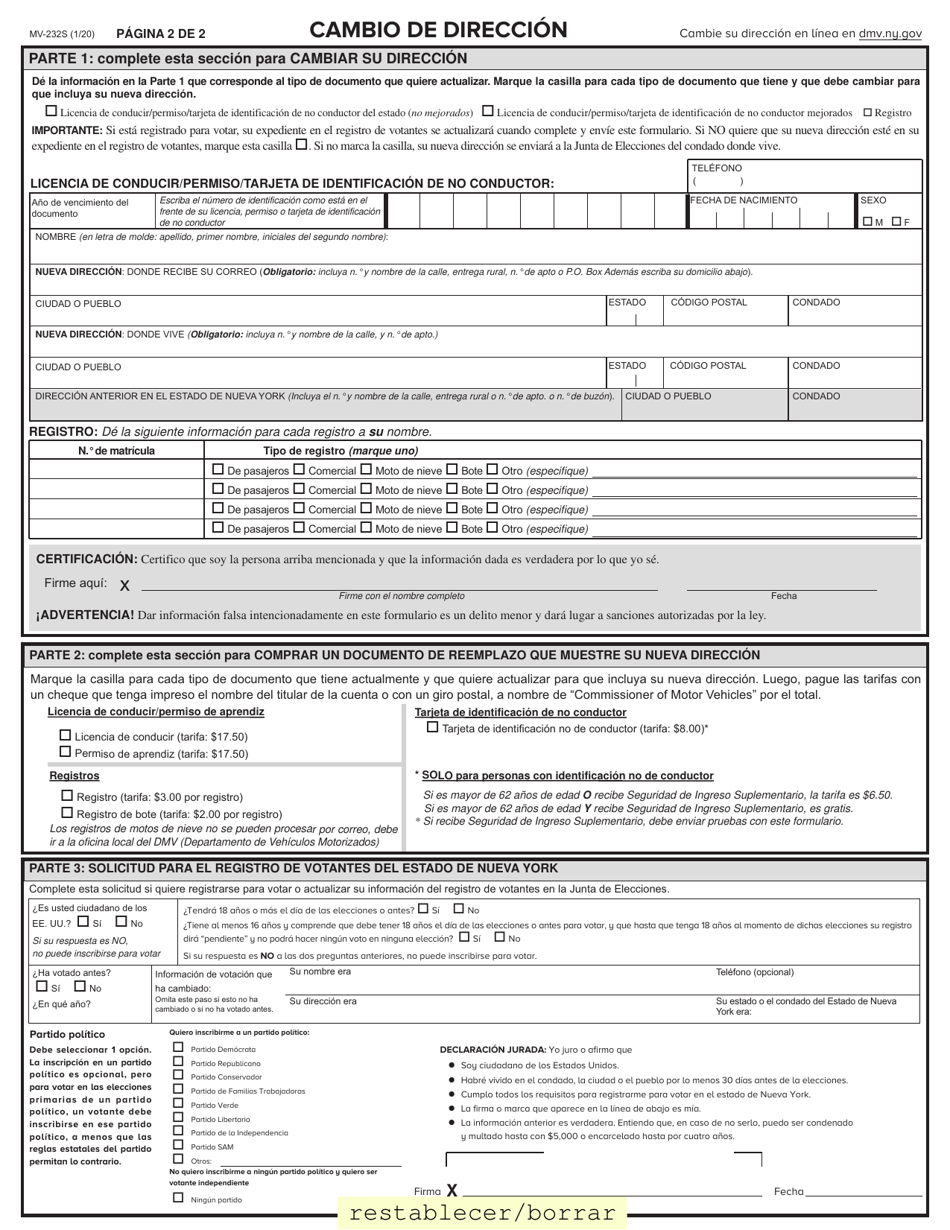 Formulario MV-232S Cambio De Direccion - New York (Spanish), Page 2