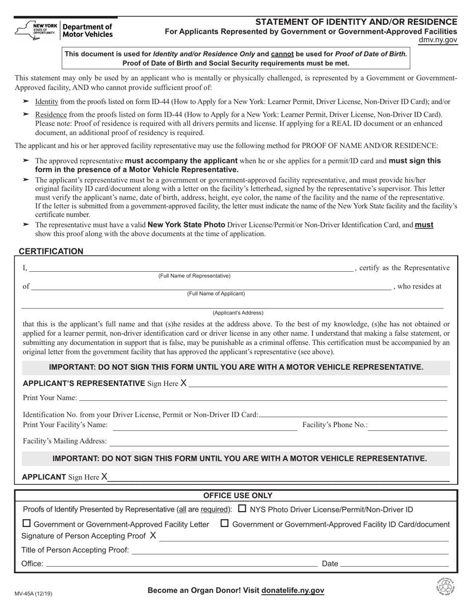 Form MV-45A Statement of Identity and / or Residence for Applicants Represented by Government or Government-Approved Facilities - New York, Page 1