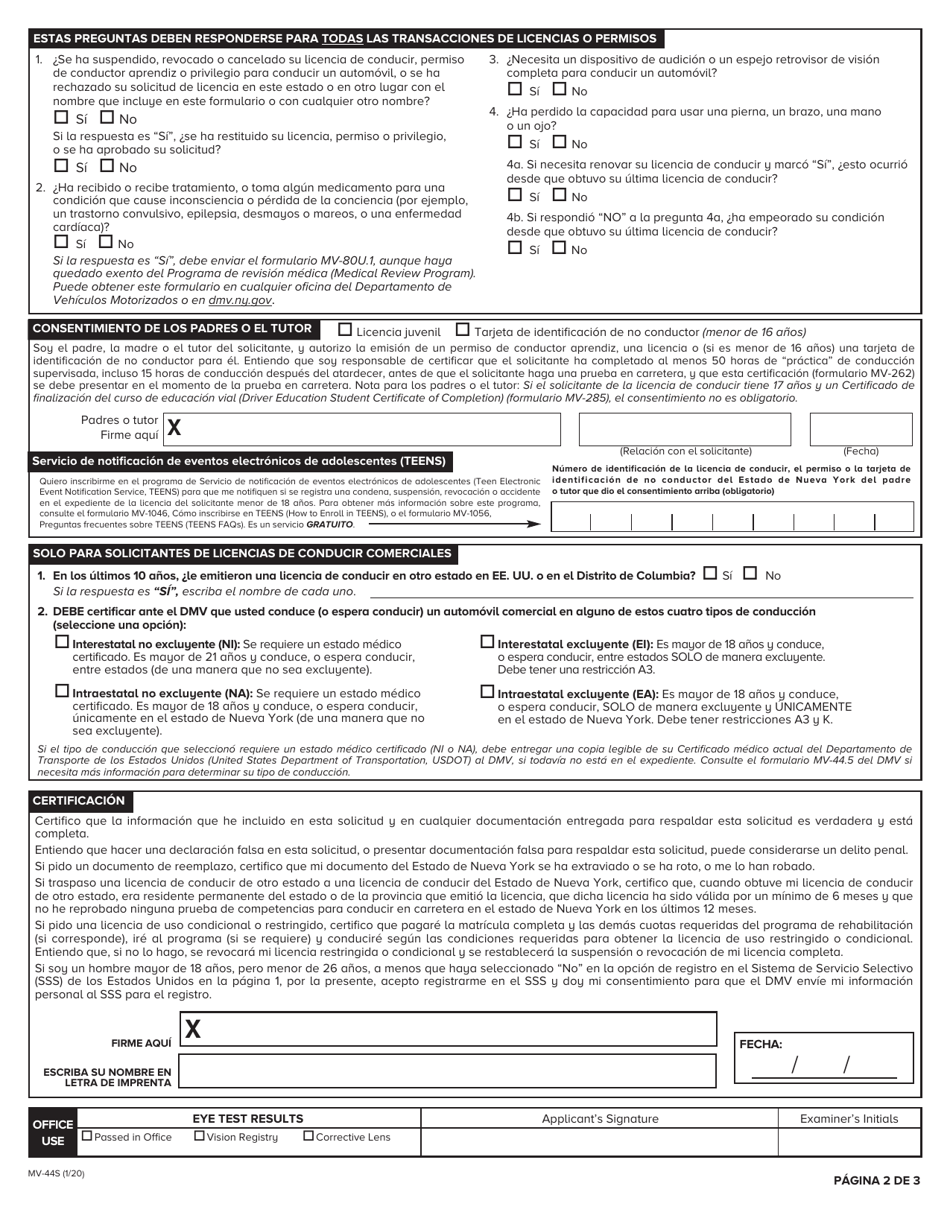 Formulario MV-44S Solicitud De Permiso, Licencia De Conducir O Tarjeta De Identificacion De No Conductor - New York (Spanish), Page 2