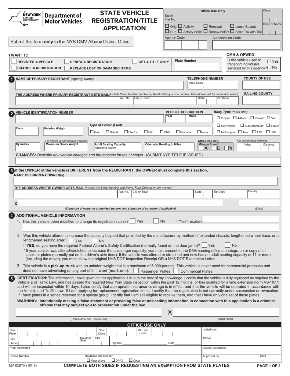 Form Mv sta Download Fillable Pdf Or Fill Online State Vehicle Registration Title Application New York Templateroller