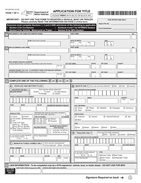 Form MV-82TON  Printable Pdf