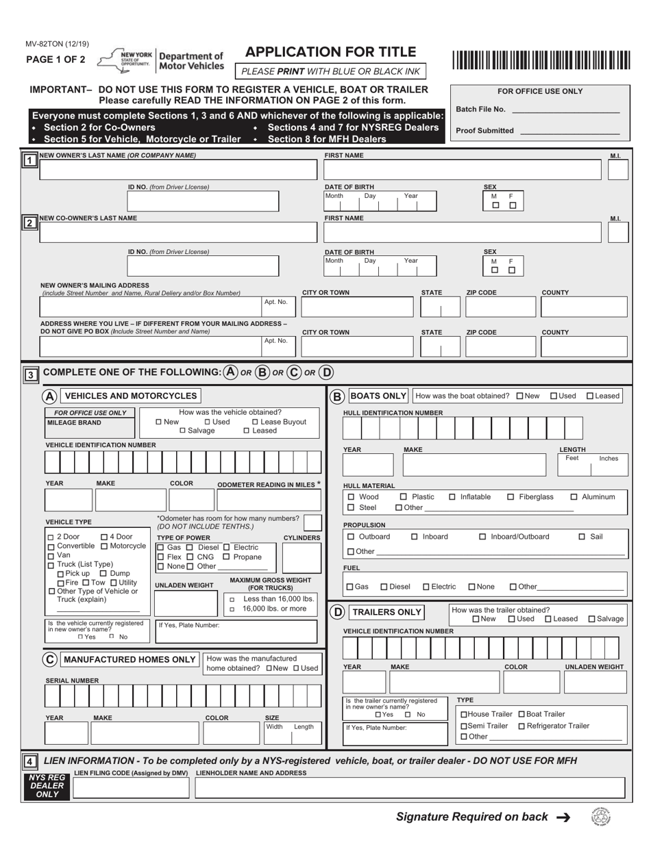 Form MV-82TON - Fill Out, Sign Online and Download Fillable PDF, New ...