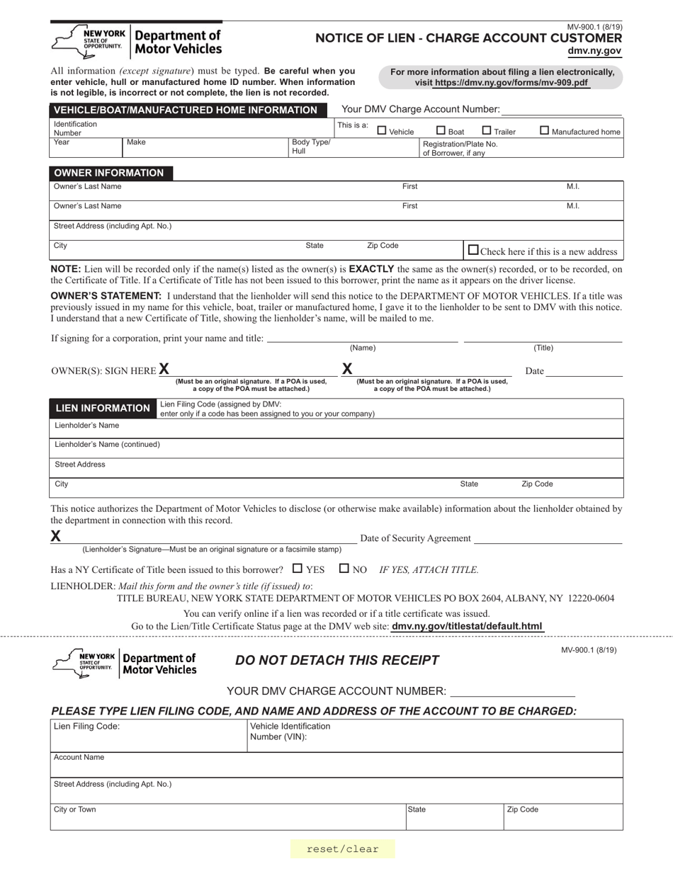 Form MV-900.1 Notice of Lien - Charge Account Customer - New York, Page 1