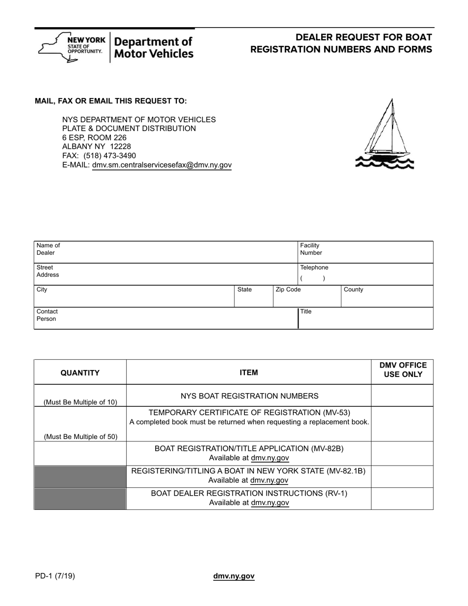 Form PD-1 Dealer Request for Boat Registration Numbers and Forms - New York, Page 1