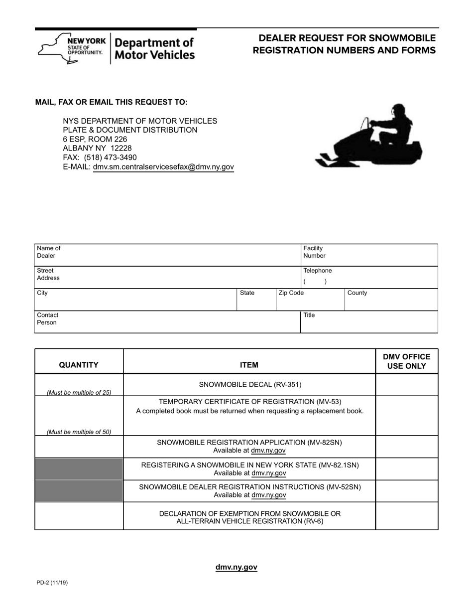 Form PD-2 Dealer Request for Snowmobile Registration Numbers and Forms - New York, Page 1