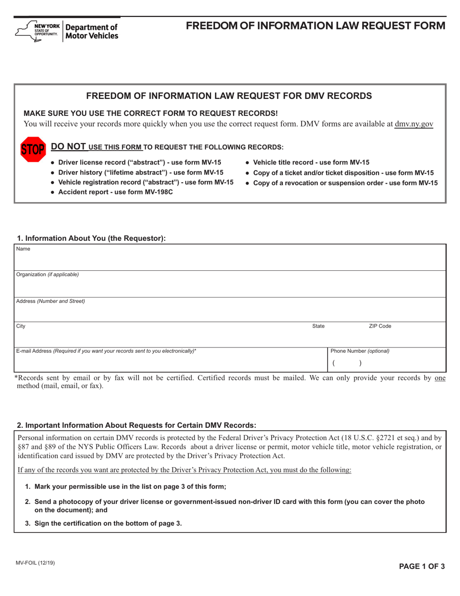 Form MV-FOIL Freedom of Information Law Request Form - New York, Page 1