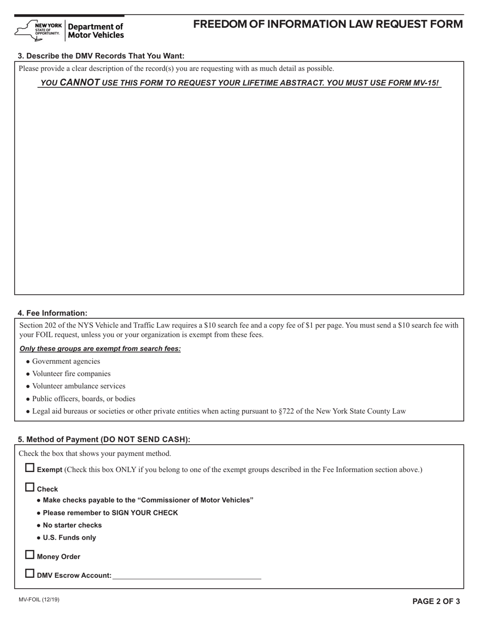 Form MV-FOIL Freedom of Information Law Request Form - New York, Page 2