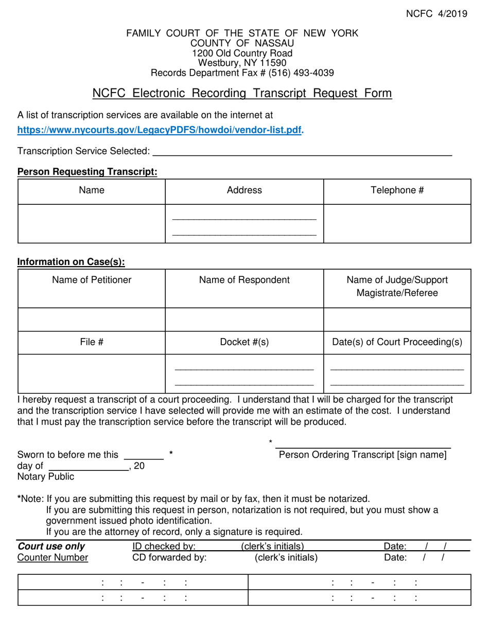 Ncfc Electronic Recording Transcript Request Form - Nassau County, New York, Page 1