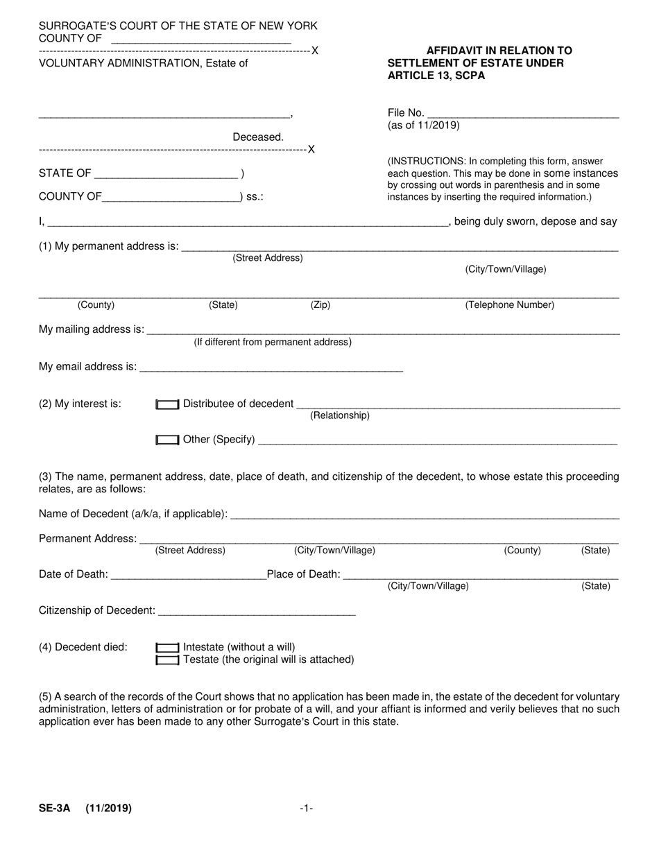 Form SE-3A Affidavit in Relation to Settlement of Estate Under Article 13, Scpa - New York, Page 1