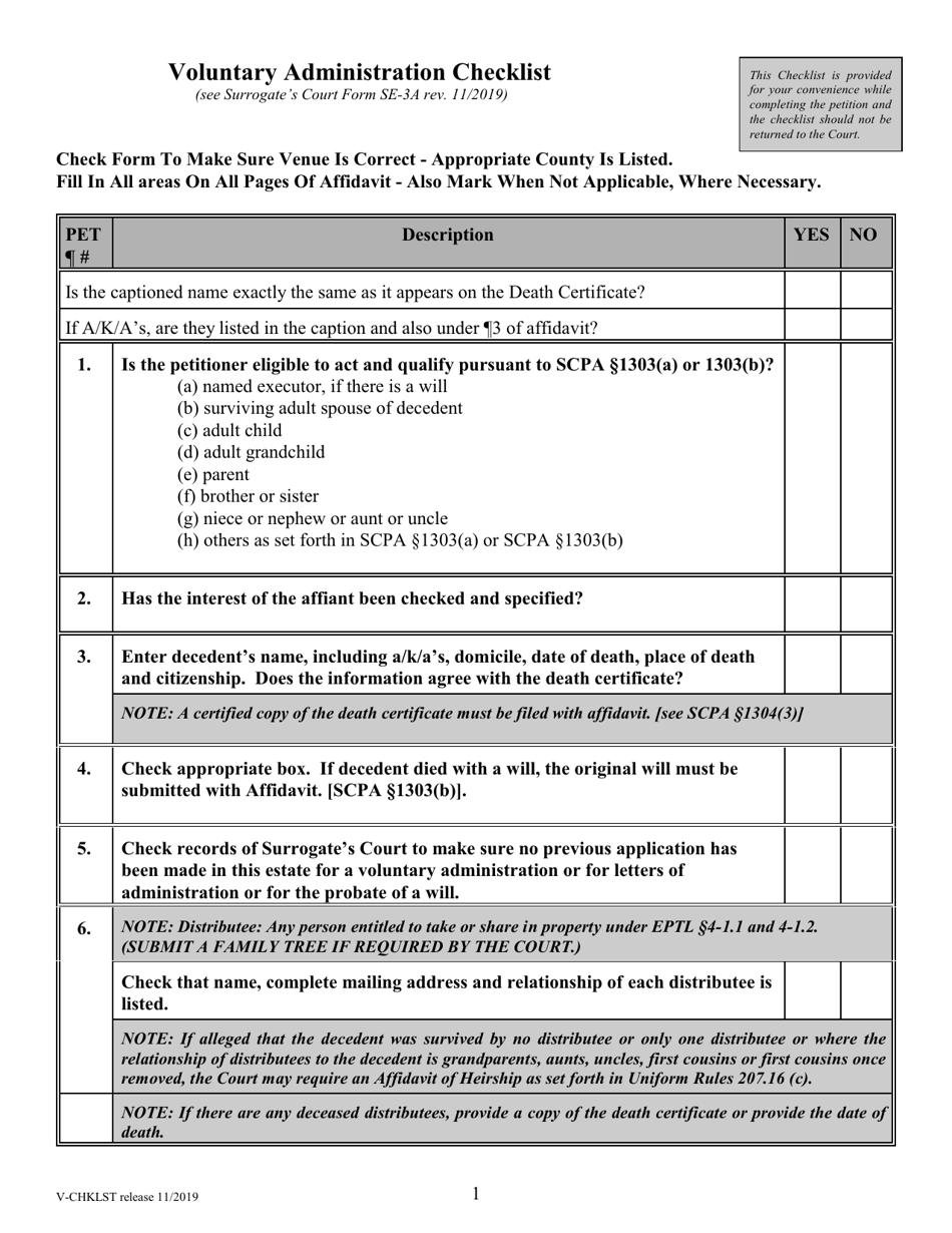 Voluntary Administration Checklist - New York, Page 1