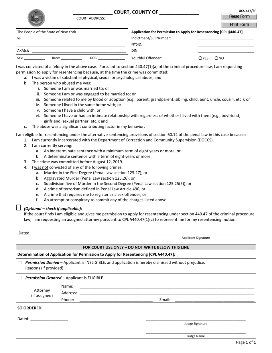 Form UCS-447 / SF Application for Permission to Apply for Resentencing - New York, Page 1
