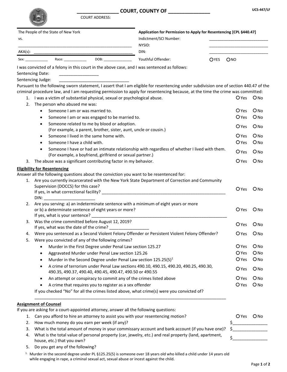 Form UCS-447 / LF Application for Permission to Apply for Resentencing - New York, Page 1