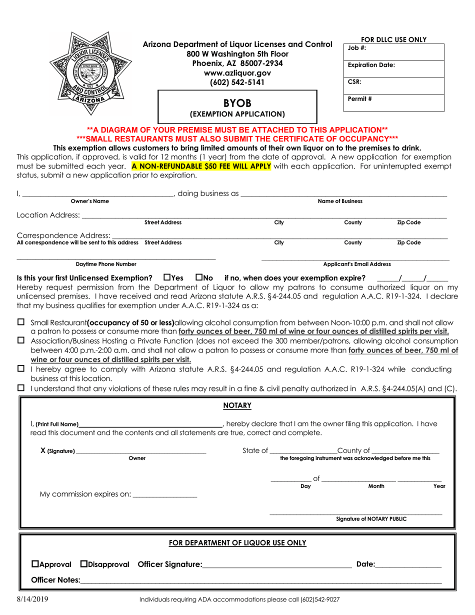 Byob (Exemption Application) - Arizona, Page 1