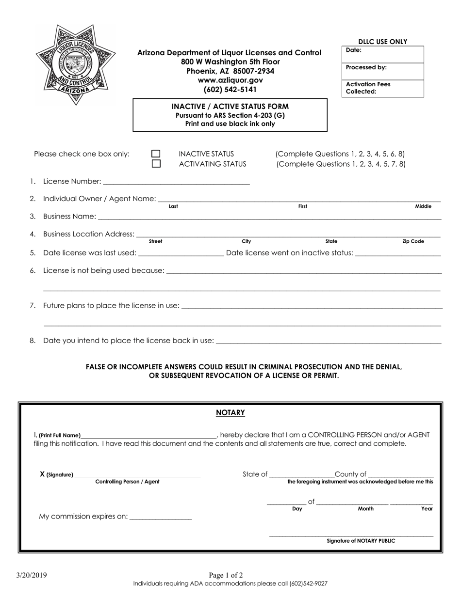 Arizona Inactive / Active Status Form - Fill Out, Sign Online and ...