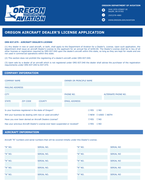 Oregon Aircraft Dealer's License Application - Oregon