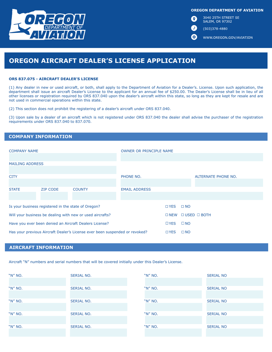 Oregon Aircraft Dealers License Application - Oregon, Page 1