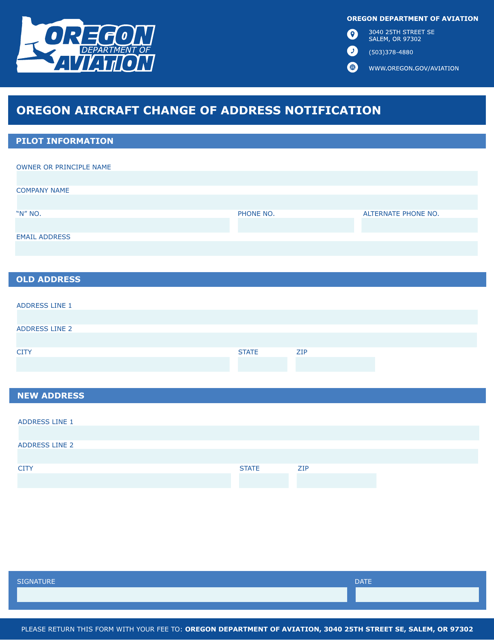 Oregon Aircraft Change of Address Notification - Oregon Download Pdf