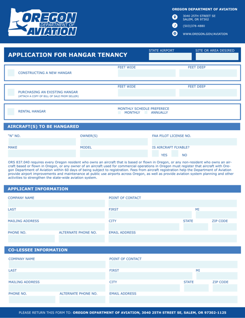 Application for Hangar Tenancy - Oregon Download Pdf