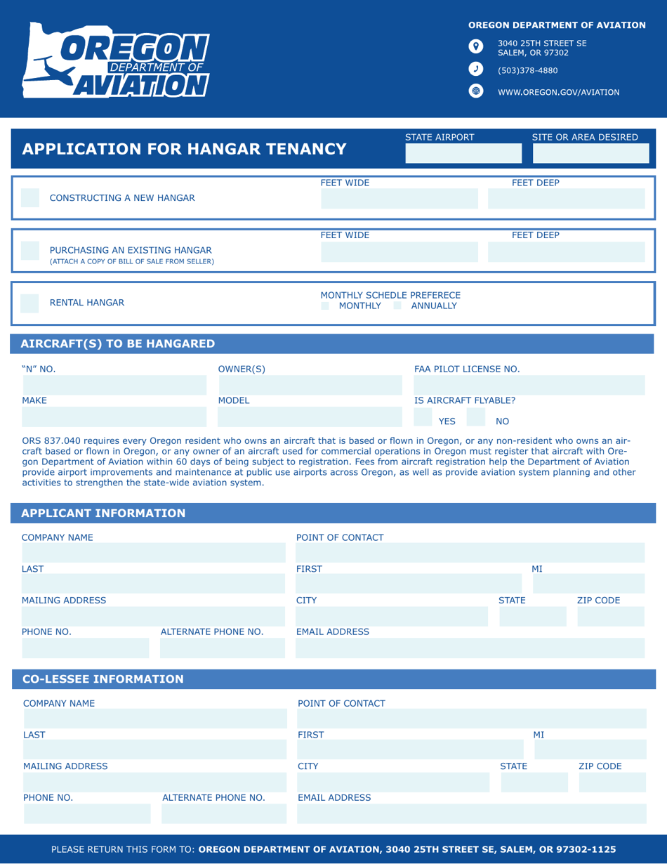 Application for Hangar Tenancy - Oregon, Page 1