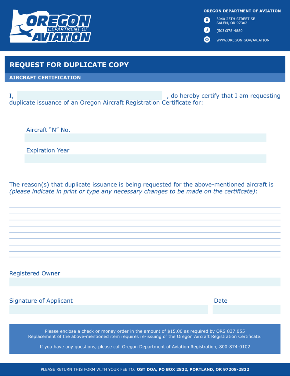 Request for Duplicate Aircraft Certificate Form - Oregon, Page 1