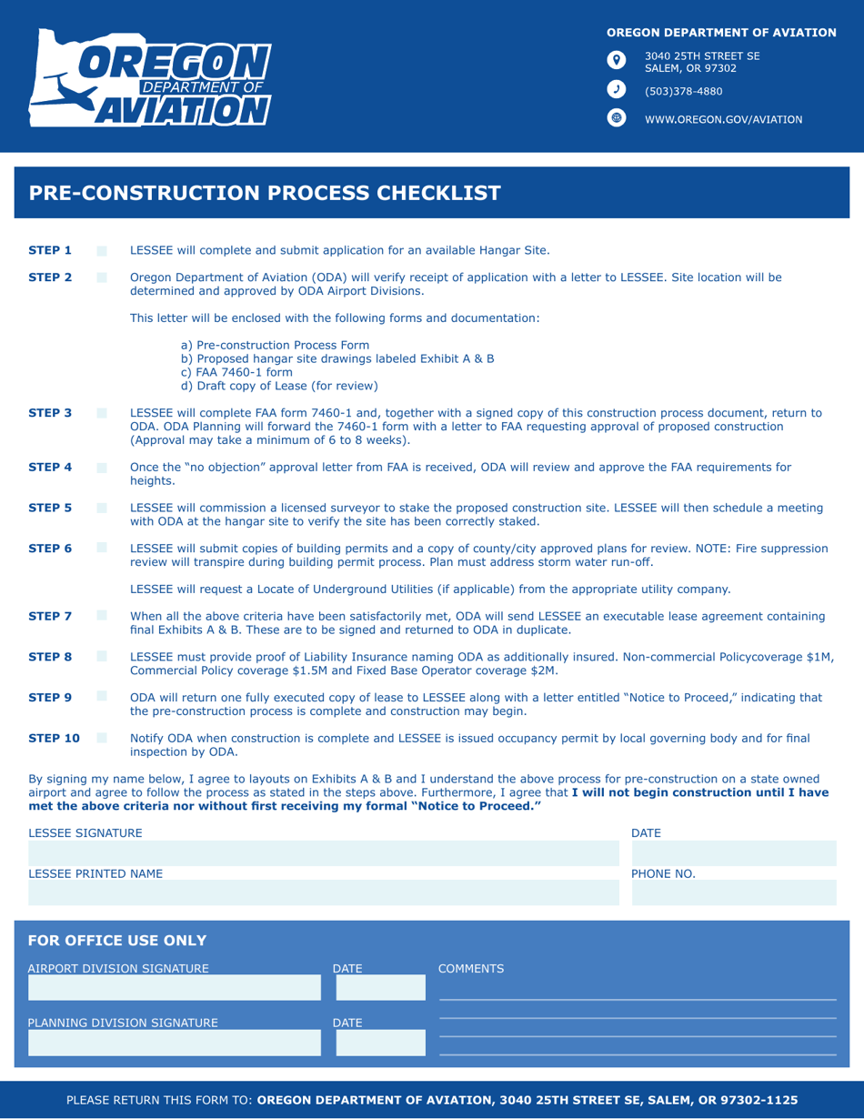 Pre-construction Process Checklist - Oregon, Page 1