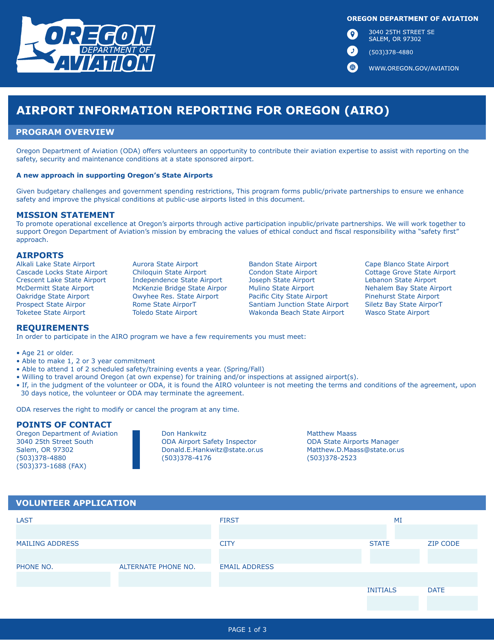 Airport Information Reporting for Oregon (Airo) - Oregon Download Pdf