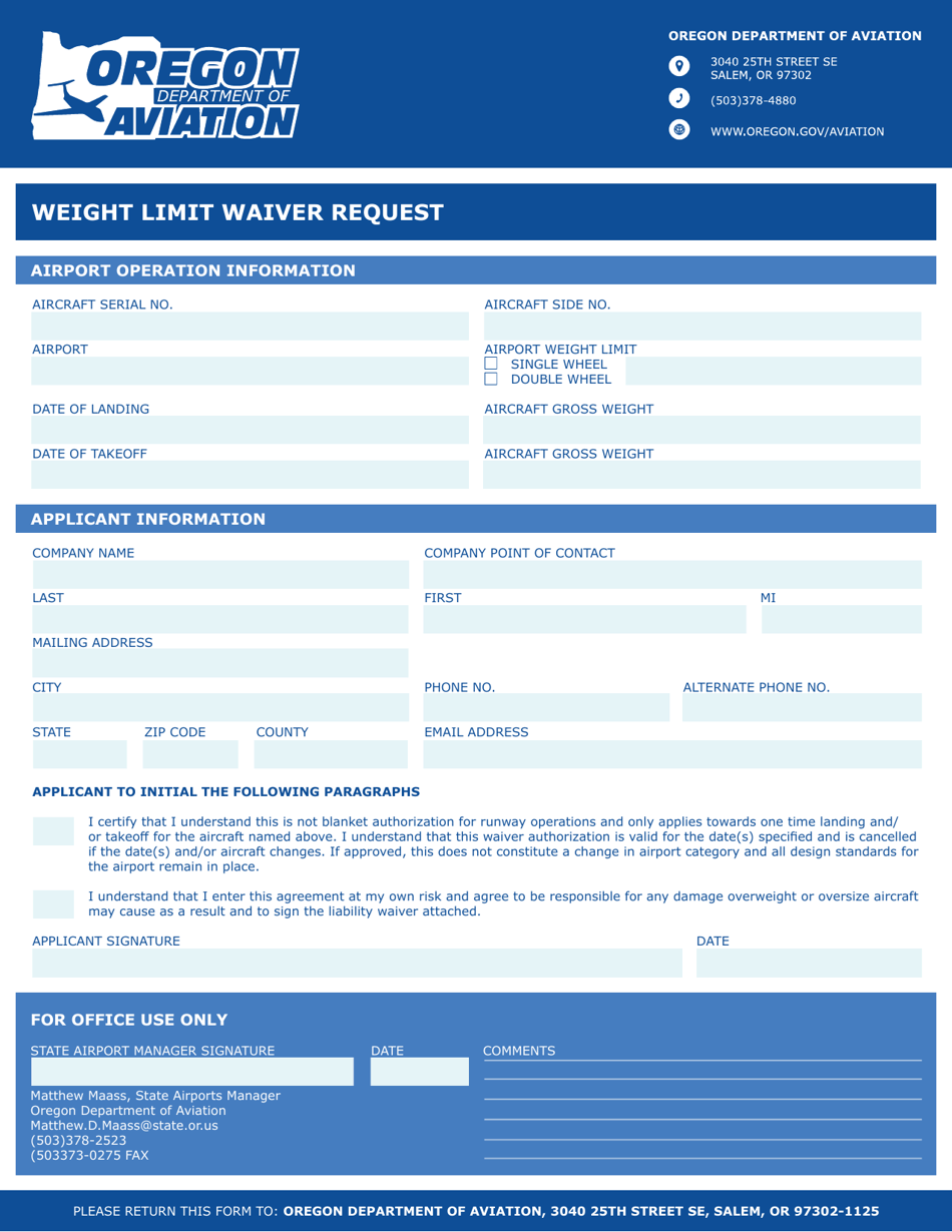 Weight Limit Waiver Request - Oregon, Page 1