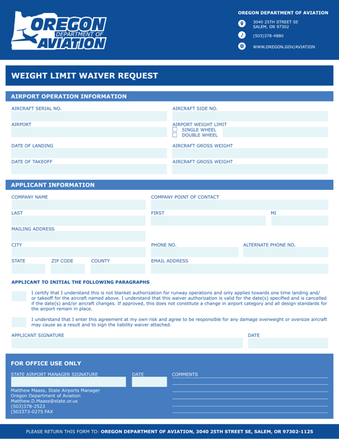 Weight Limit Waiver Request - Oregon Download Pdf