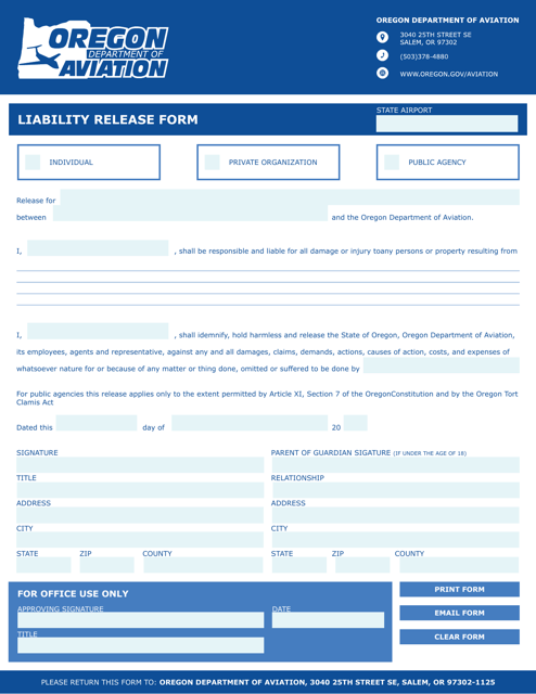 Liability Release Form - Oregon Download Pdf