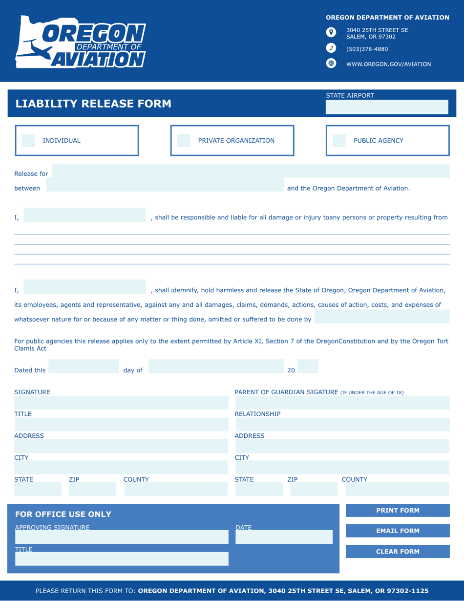 Liability Release Form - Oregon, Page 1