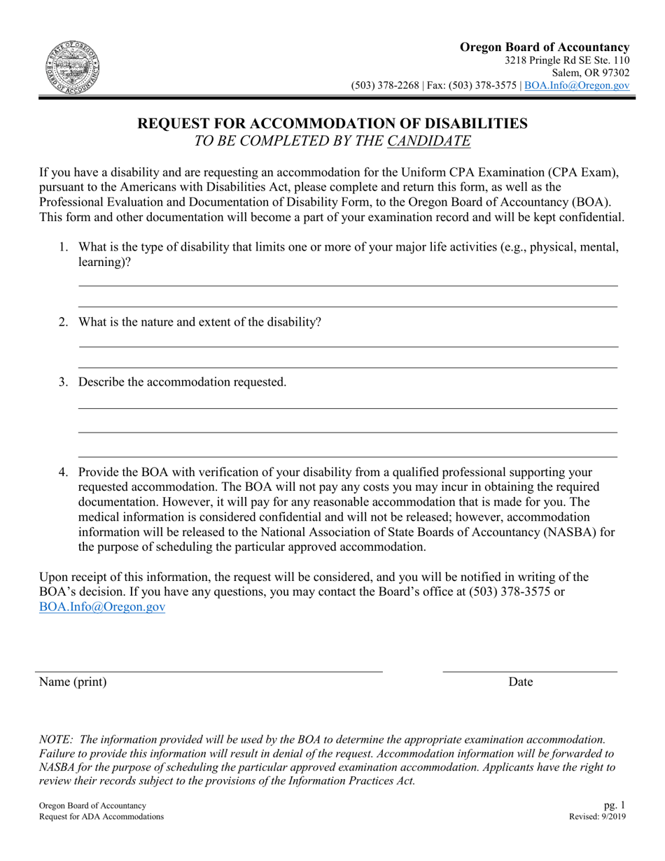 Request for Accommodation of Disabilities - Oregon, Page 1