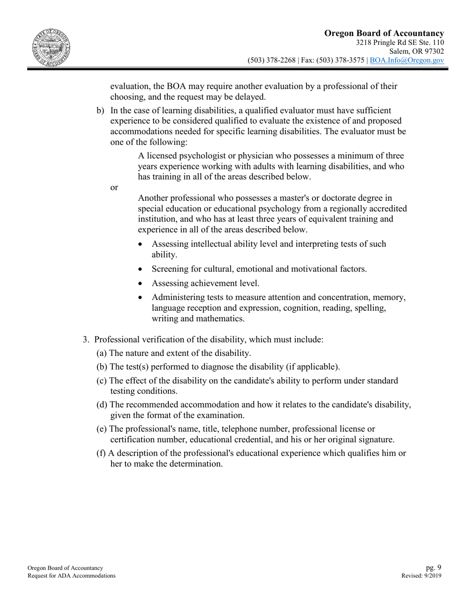 Request for Accommodation of Disabilities - Oregon, Page 9