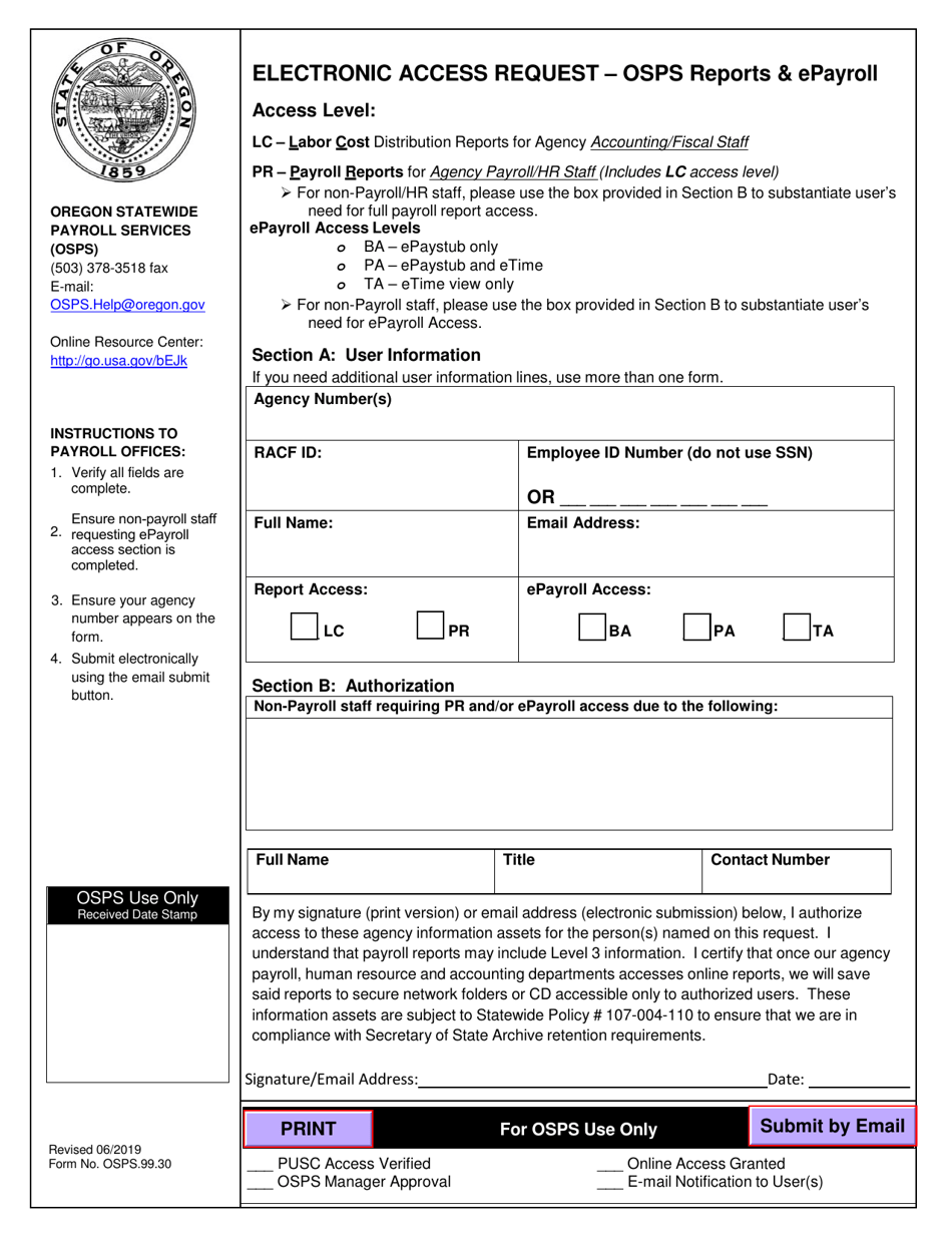 Form OSPS.99.30 Electronic Access Request - Osps Reports  Epayroll - Oregon, Page 1
